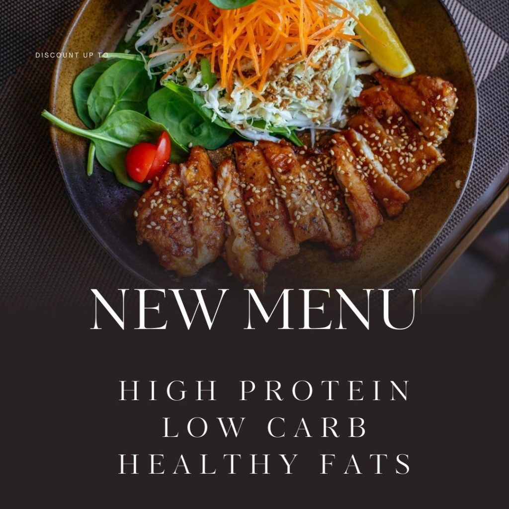 Ein Teller mit gesundem Essen: Gemüse und mageres Fleisch. Darunter steht: New Menu, High Protein, Low Carb, Healthy Fass